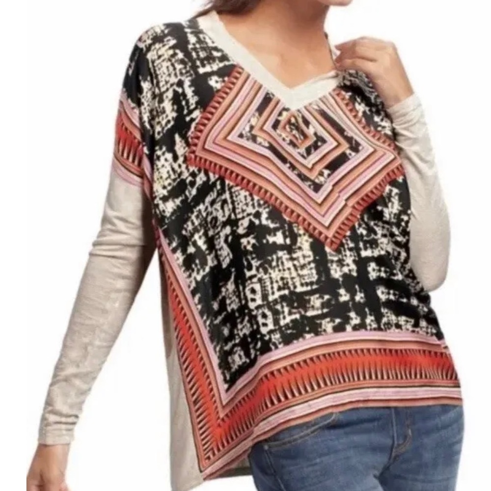 Cabi Beige Orange Southwest Print Silk Long Sleeve Relaxed Fit Blouse